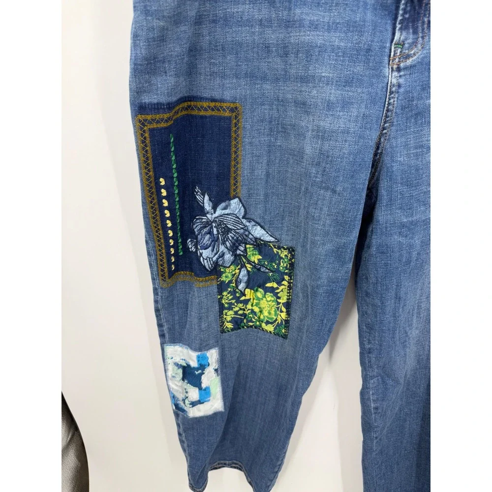 Chico's Boyfriend Crop Jeans Women 4 Size 20 Blue Patchwork Embroidered Floral